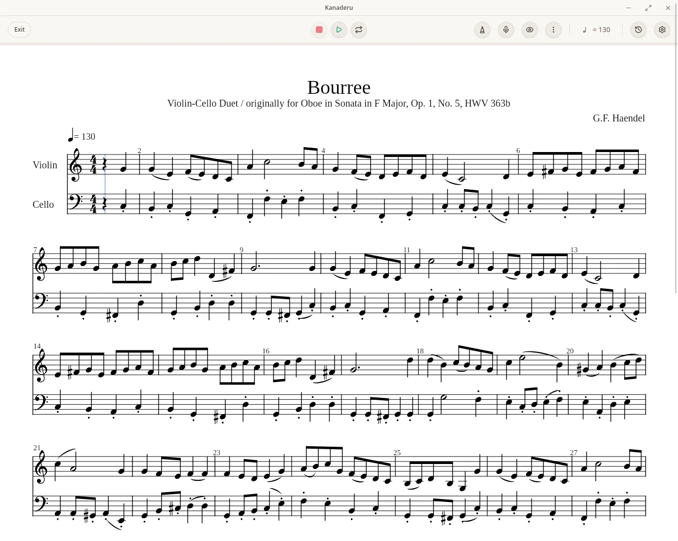 Kanaderu score practice view with notation playback controls.