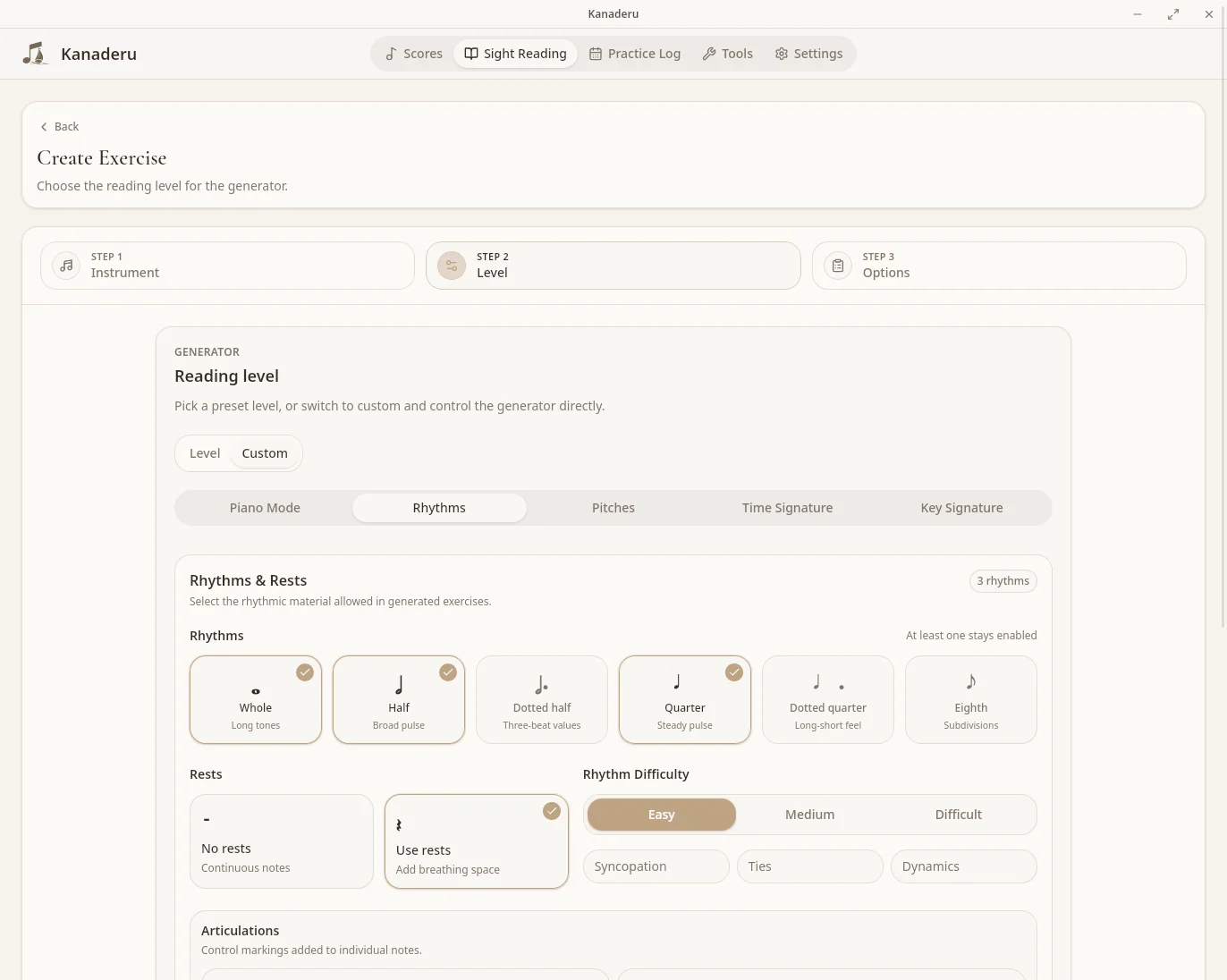 Kanaderu sight-reading generator settings.